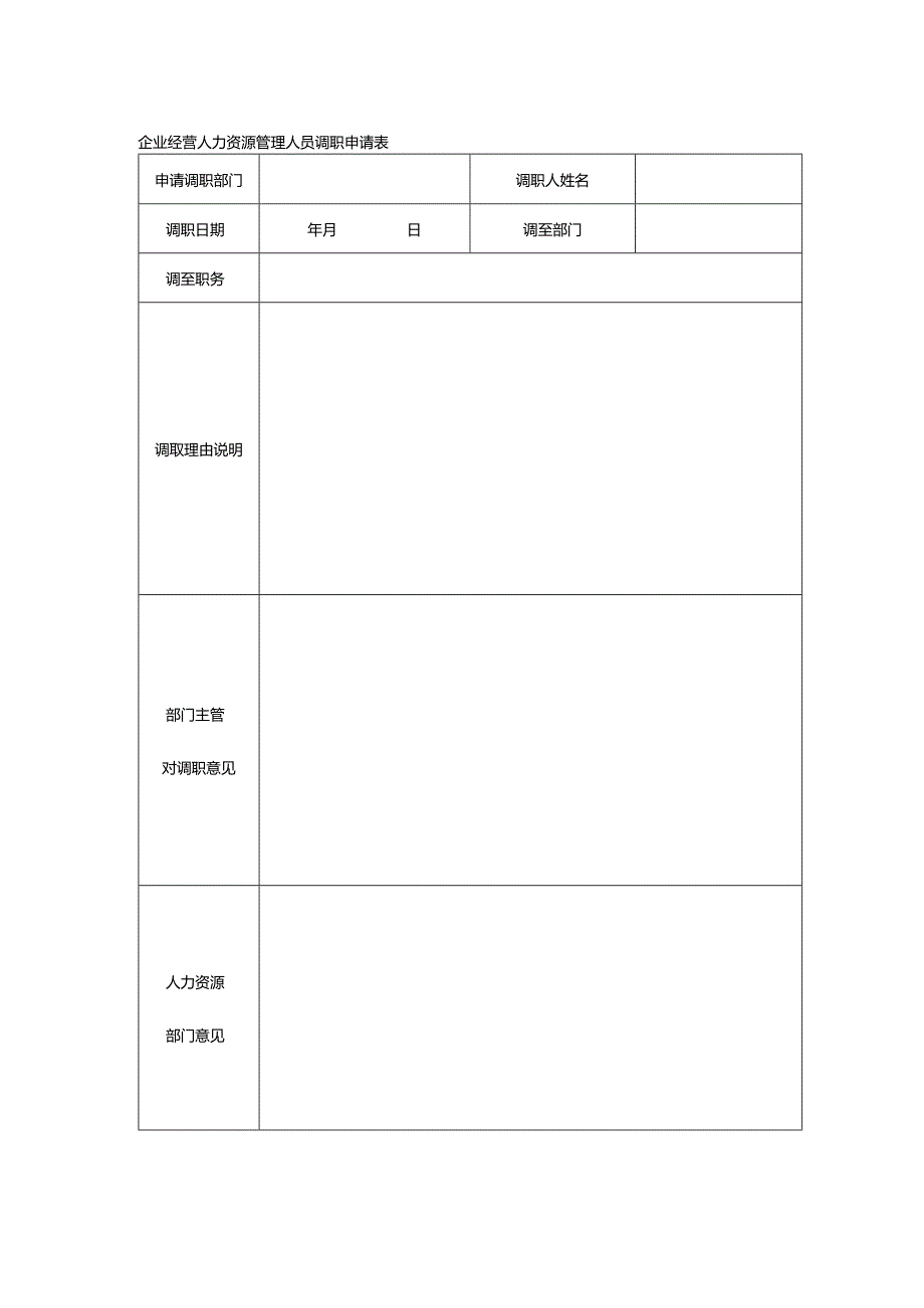 企业经营人力资源管理人员调职申请表.docx_第1页