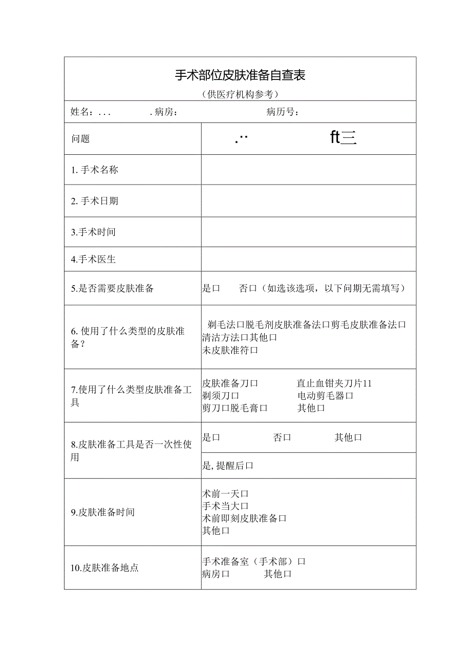 手术部位皮肤准备自查表.docx_第1页