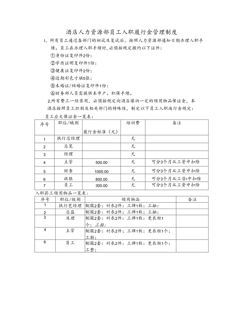 酒店人力资源部员工入职履行金管理制度.docx_第1页