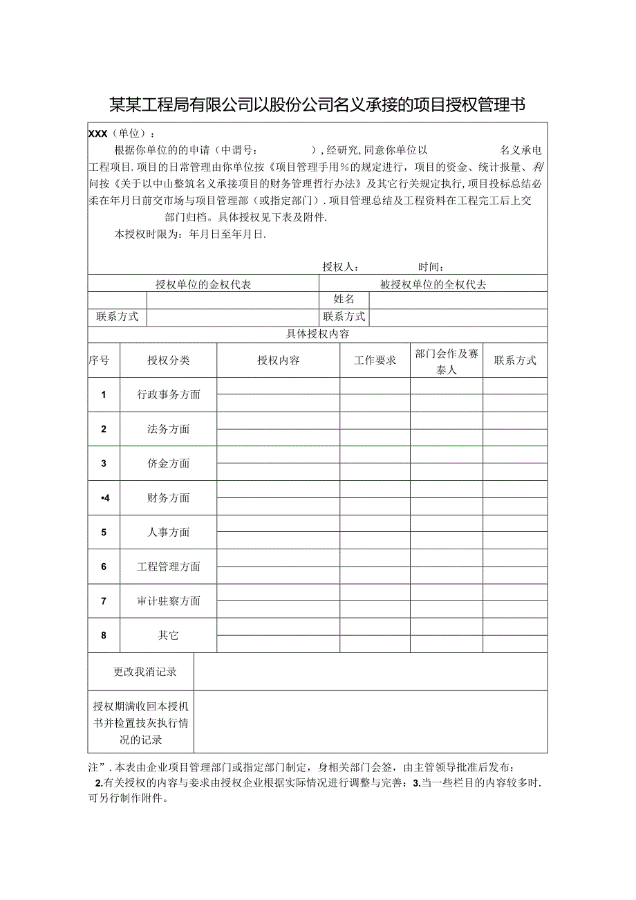 某某工程局有限公司以股份公司名义承接的项目授权管理书.docx_第1页