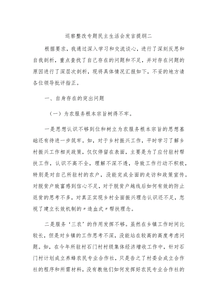 巡察整改专题民主生活会发言提纲二.docx_第1页