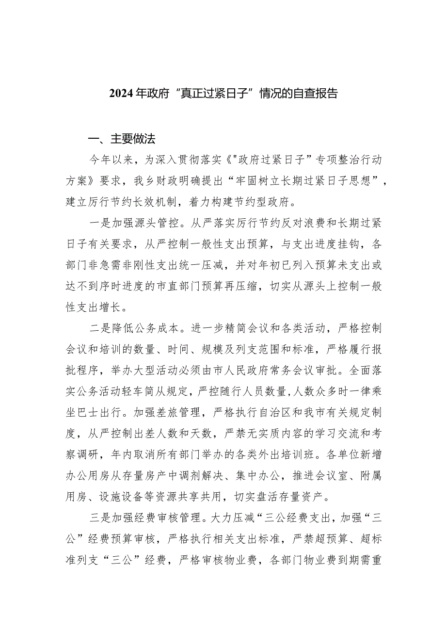 2024年政府“真正过紧日子”情况的自查报告（共5篇）.docx_第1页