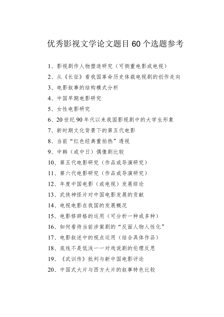 优秀影视文学论文题目60个选题参考.docx_第1页