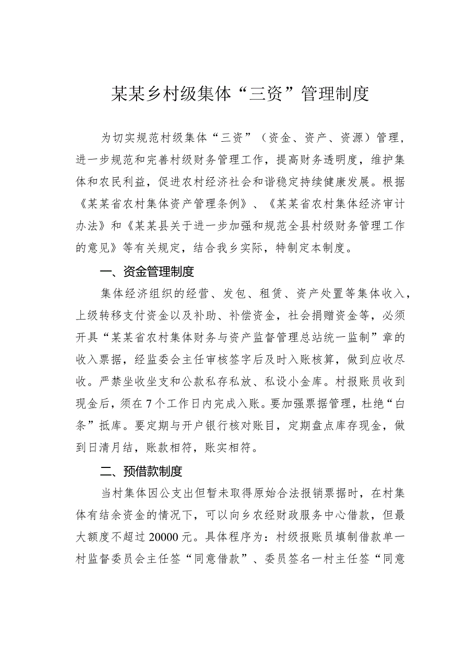 某某乡村级集体“三资”管理制度.docx_第1页