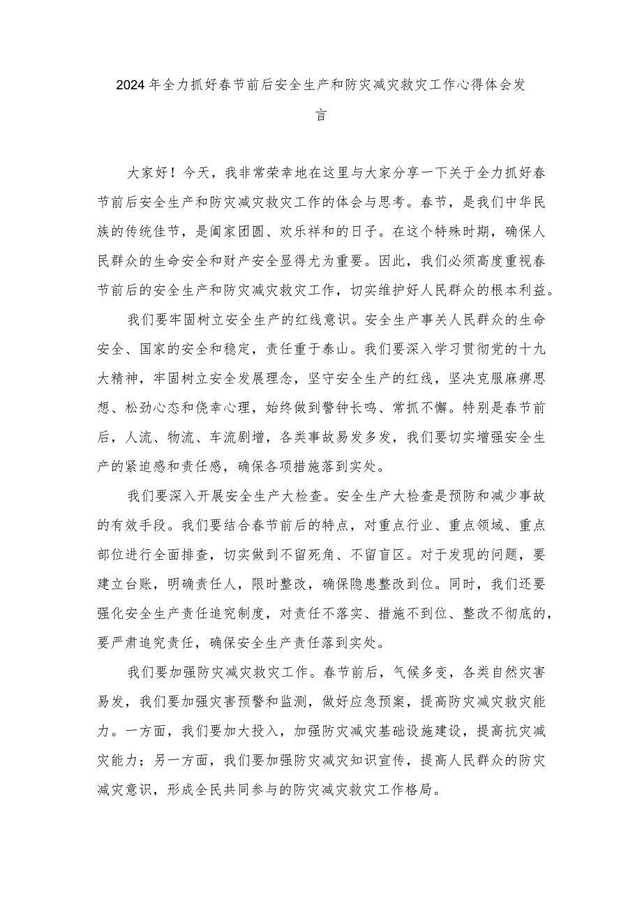 （4篇）2024年全力抓好春节前后安全生产和防灾减灾救灾工作心得体会发言.docx_第1页