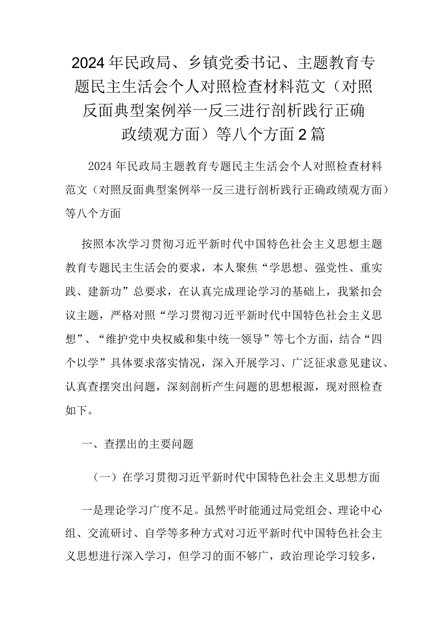 2024年民政局、乡镇党委书记、主题教育专题民主生活会个人对照检查材料范文（对照反面典型案例举一反三进行剖析践行正确政绩观方面）等八个方面2篇.docx_第1页