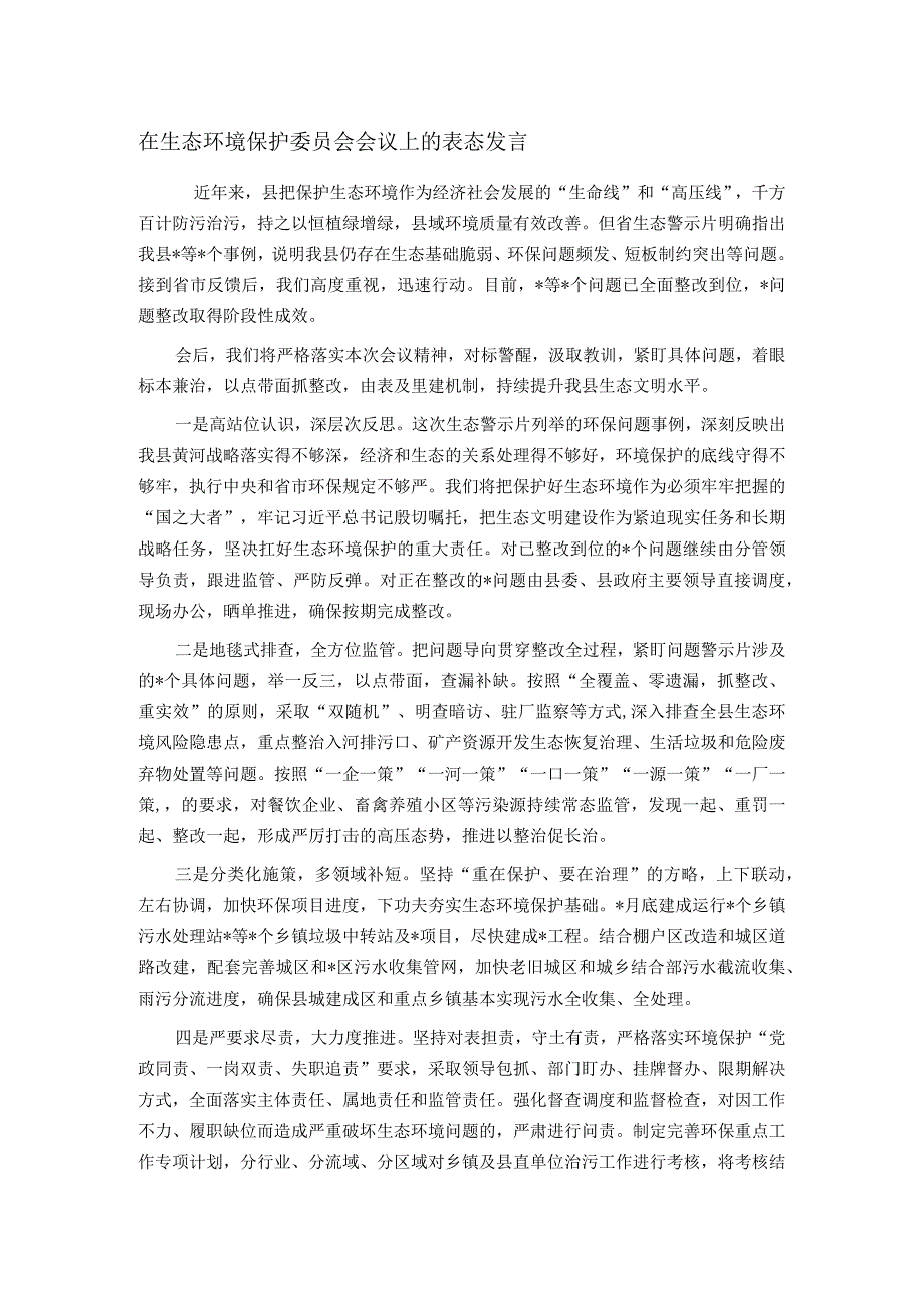 在生态环境保护委员会会议上的表态发言.docx_第1页