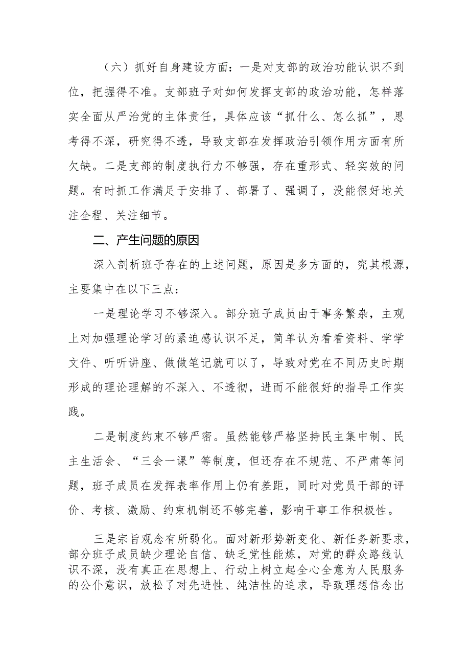 党支部班子2023年度专题组织生活会围绕组织开展主题教育、执行上级组织决定、严格组织生活、党员教育管理、联系服务群众、抓好自身建设等.docx_第3页