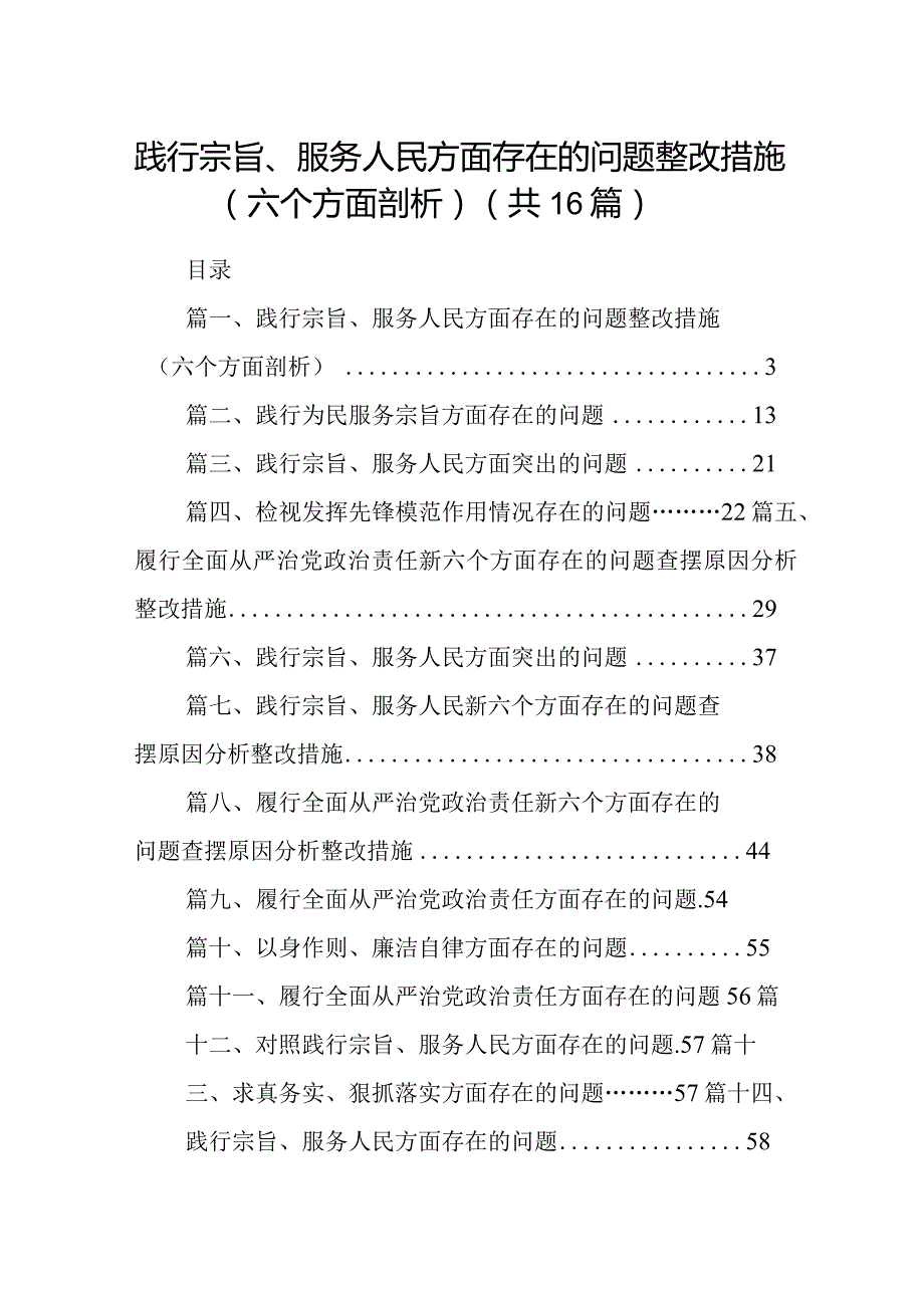 践行宗旨、服务人民方面存在的问题整改措施（六个方面剖析）16篇供参考.docx_第1页