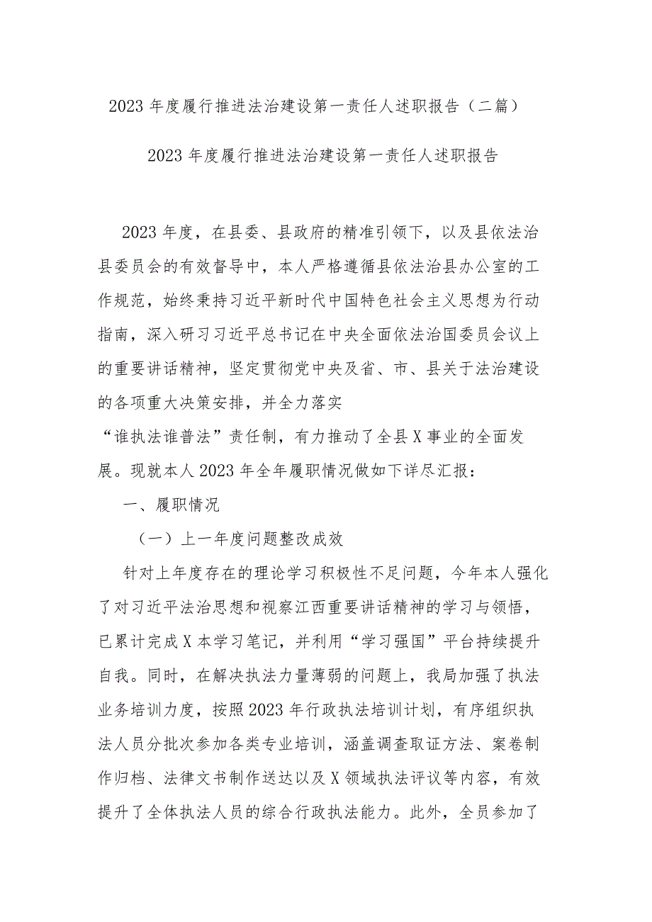 2023年度履行推进法治建设第一责任人述职报告(二篇).docx_第1页