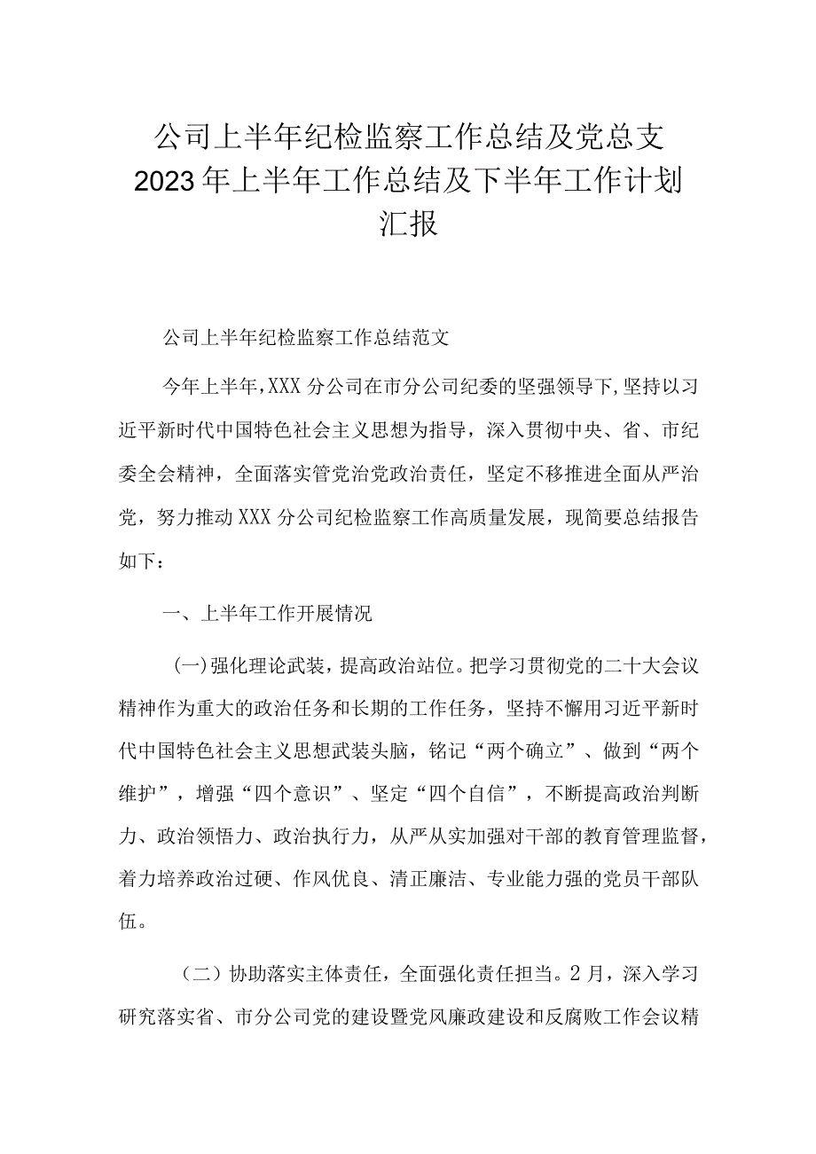 公司上半年纪检监察工作总结及党总支2023年上半年工作总结及下半年工作计划汇报.docx_第1页