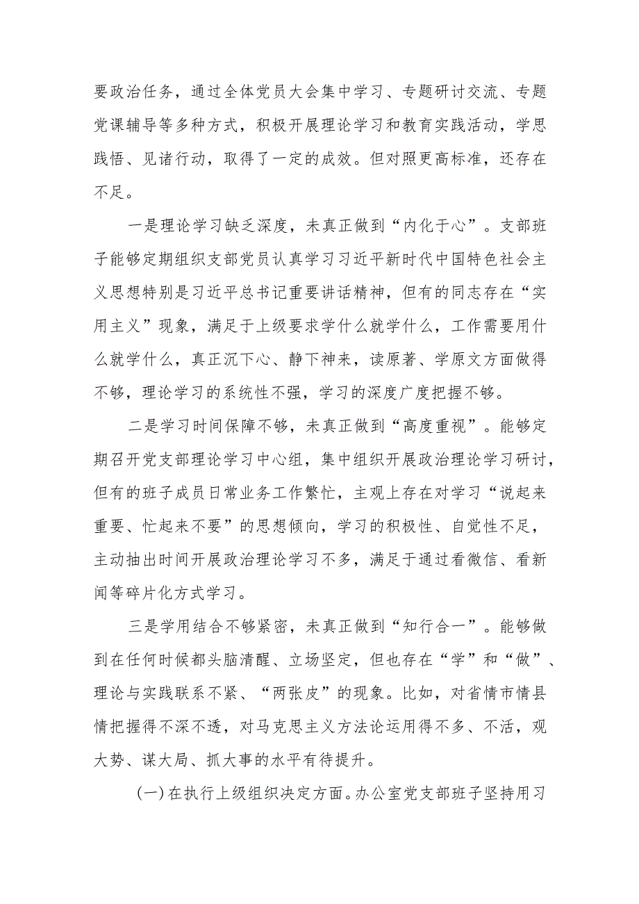 党支部班子学思想、强党性、重实践、建新功组织开展主题教育、执行上级组织决定、严格组织生活、党员教育管理、联系服务群众、抓好自身建.docx_第3页