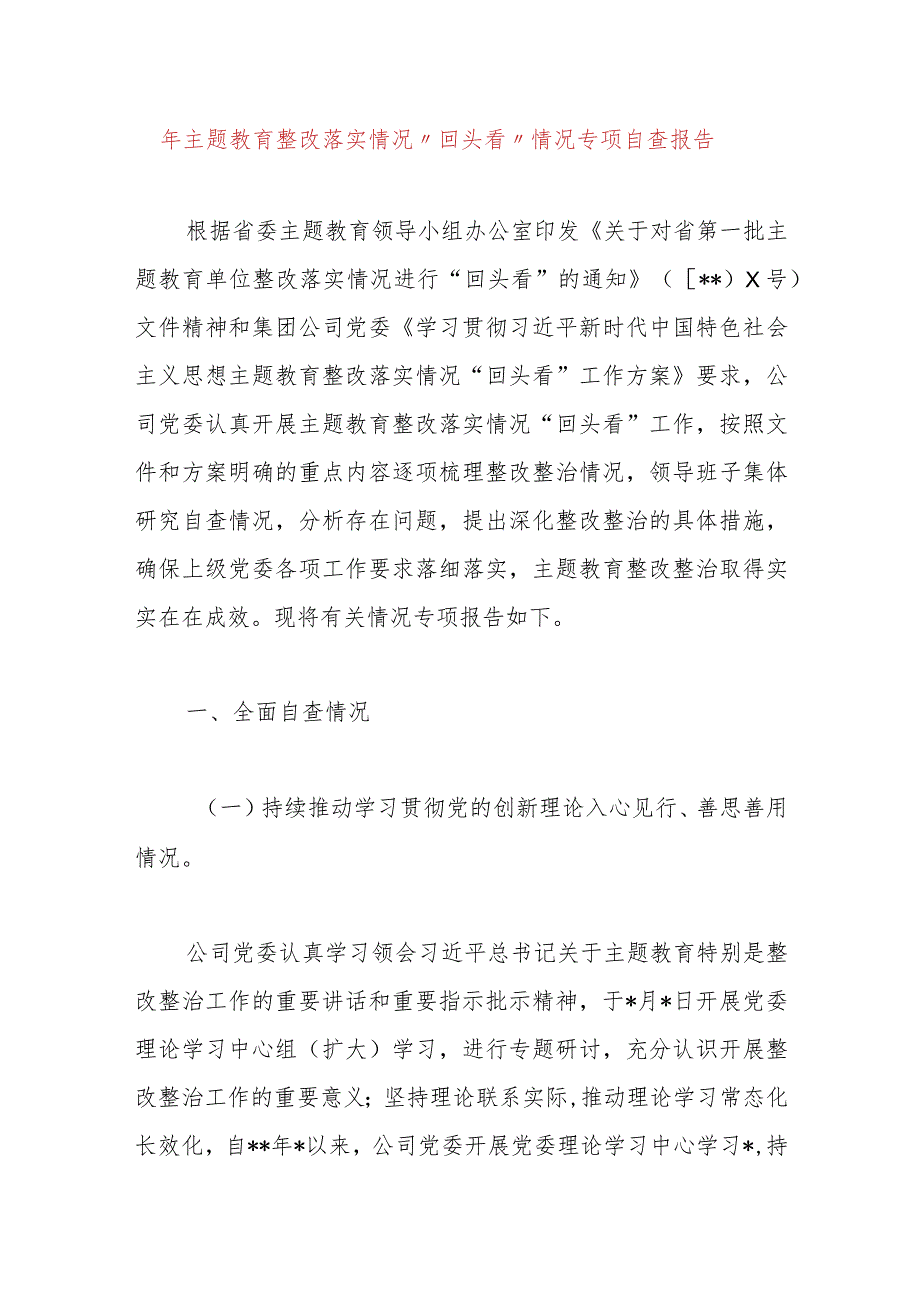 2023年主题教育整改落实情况“回头看”情况专项自查报告.docx_第1页