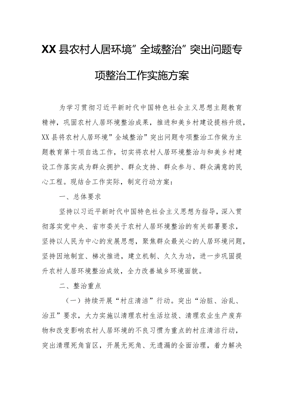 XX县农村人居环境全域整治突出问题专项整治工作实施方案.docx_第1页