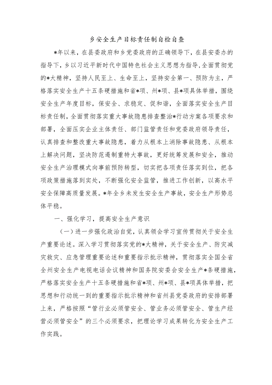 乡安全生产目标责任制自检自查.docx_第1页