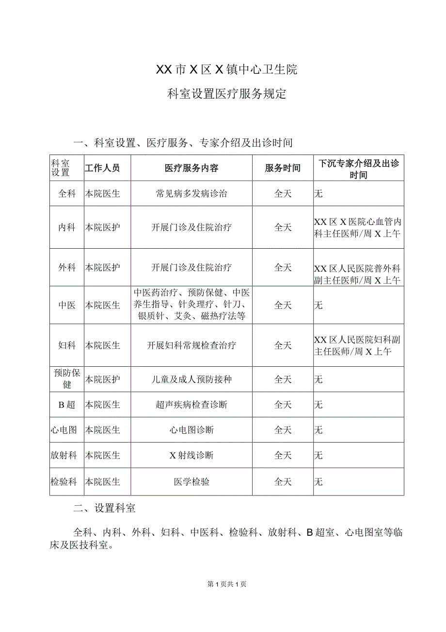 XX市X区X镇中心卫生院科室设置医疗服务规定（2024年）.docx_第1页