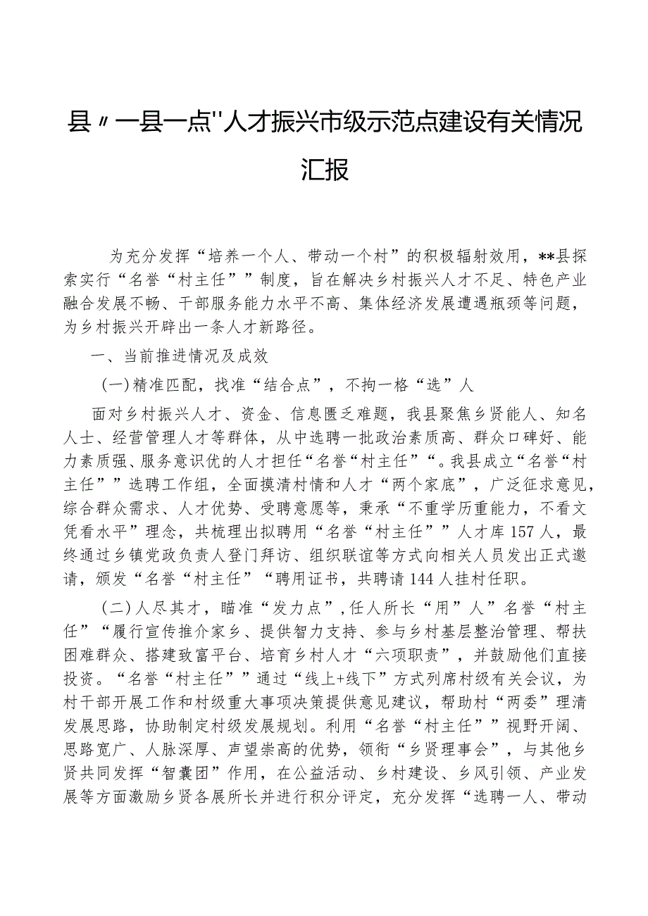 县“一县一点”人才振兴市级示范点建设有关情况汇报.docx_第1页