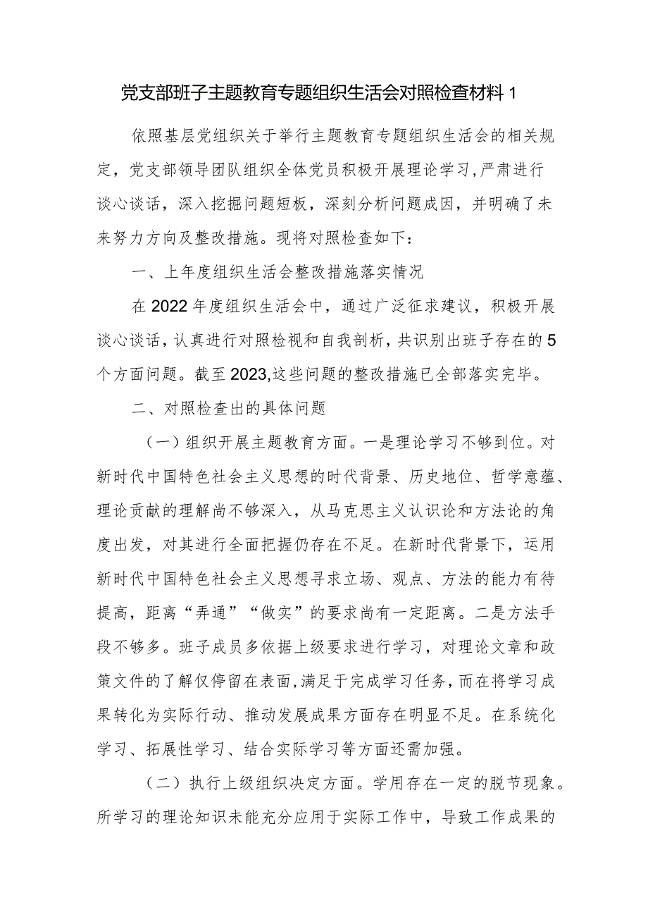 2024年2月党支部班子在组织开展主题教育、执行上级组织决定、严格组织生活、党员教育管理、联系服务群众、抓好自身建设6个方面对照检查材料7篇.docx_第2页