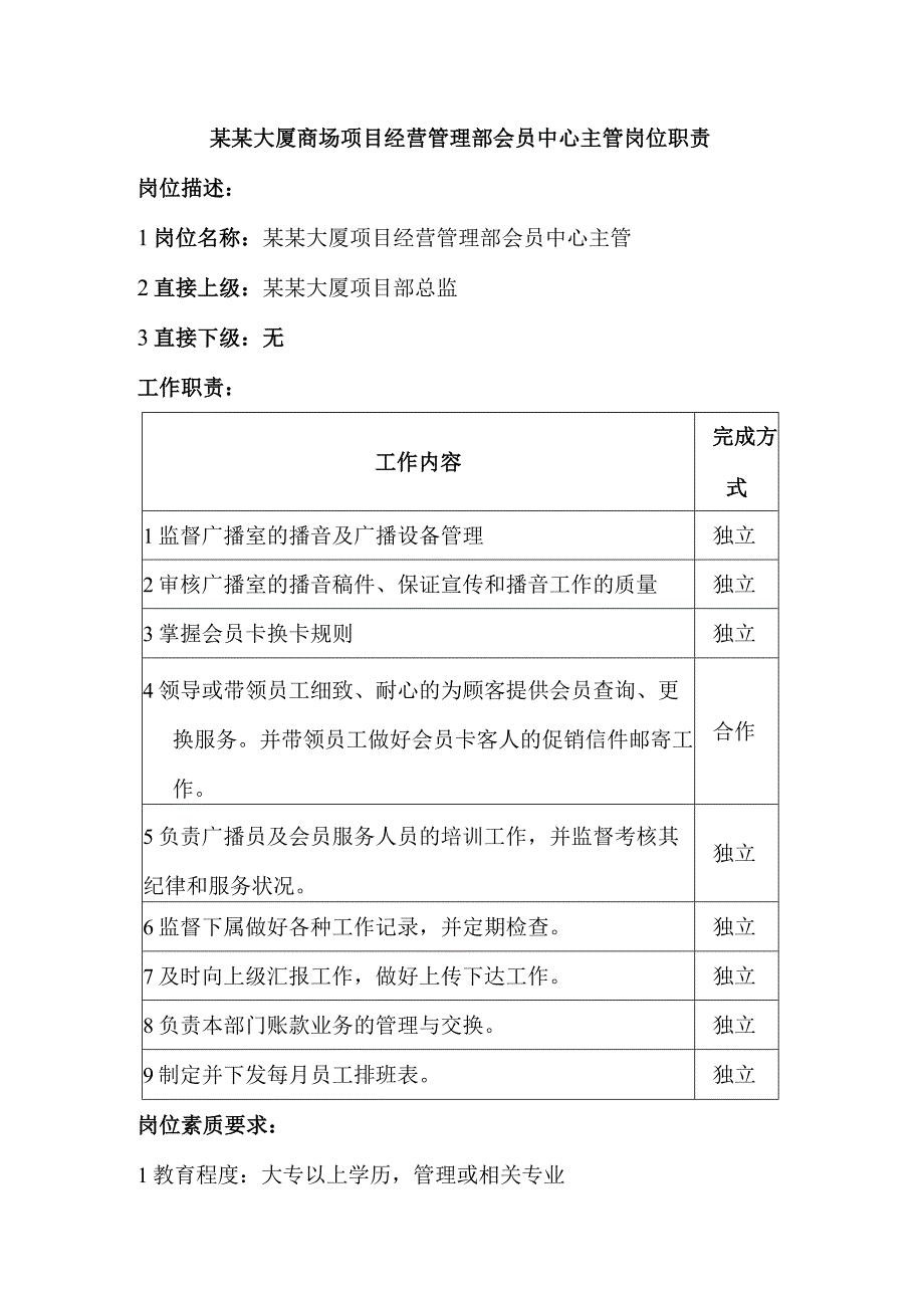 某某大厦商场项目经营管理部会员中心主管岗位职责.docx_第1页