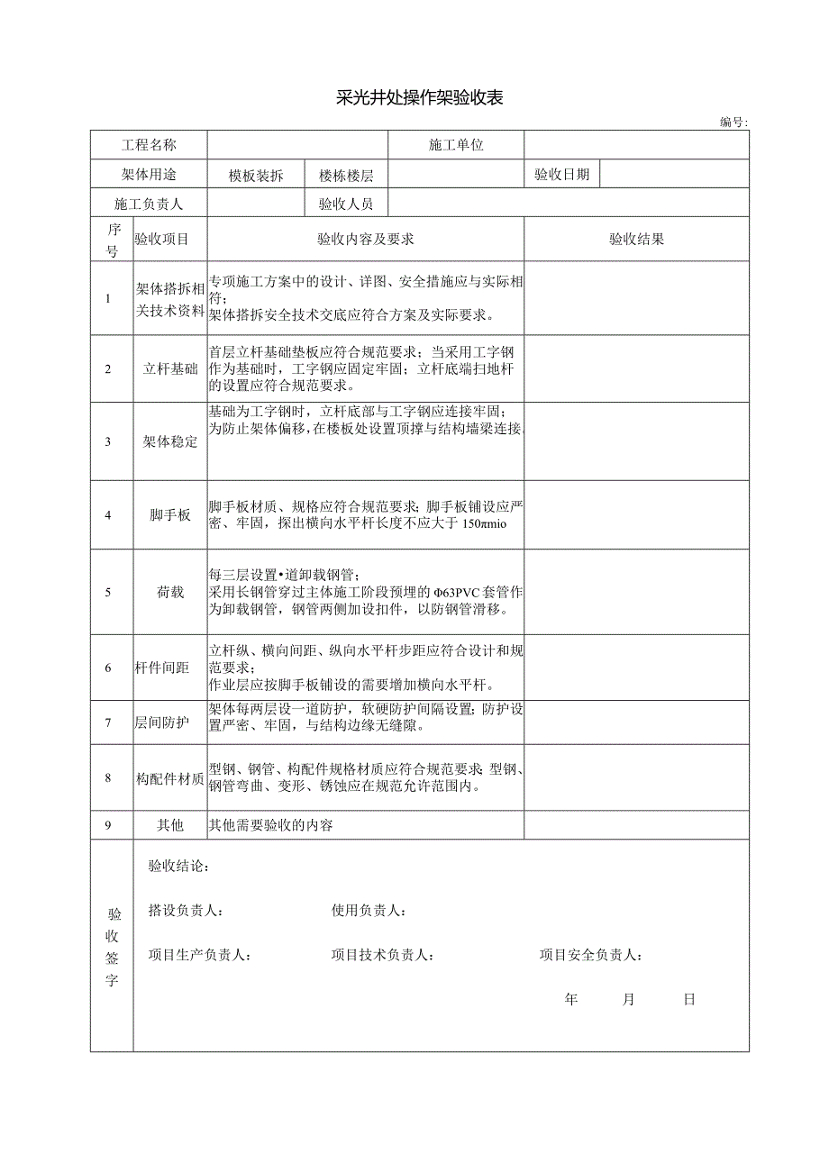 建筑工程采光井操作架阶段安装完成验收记录表.docx_第1页