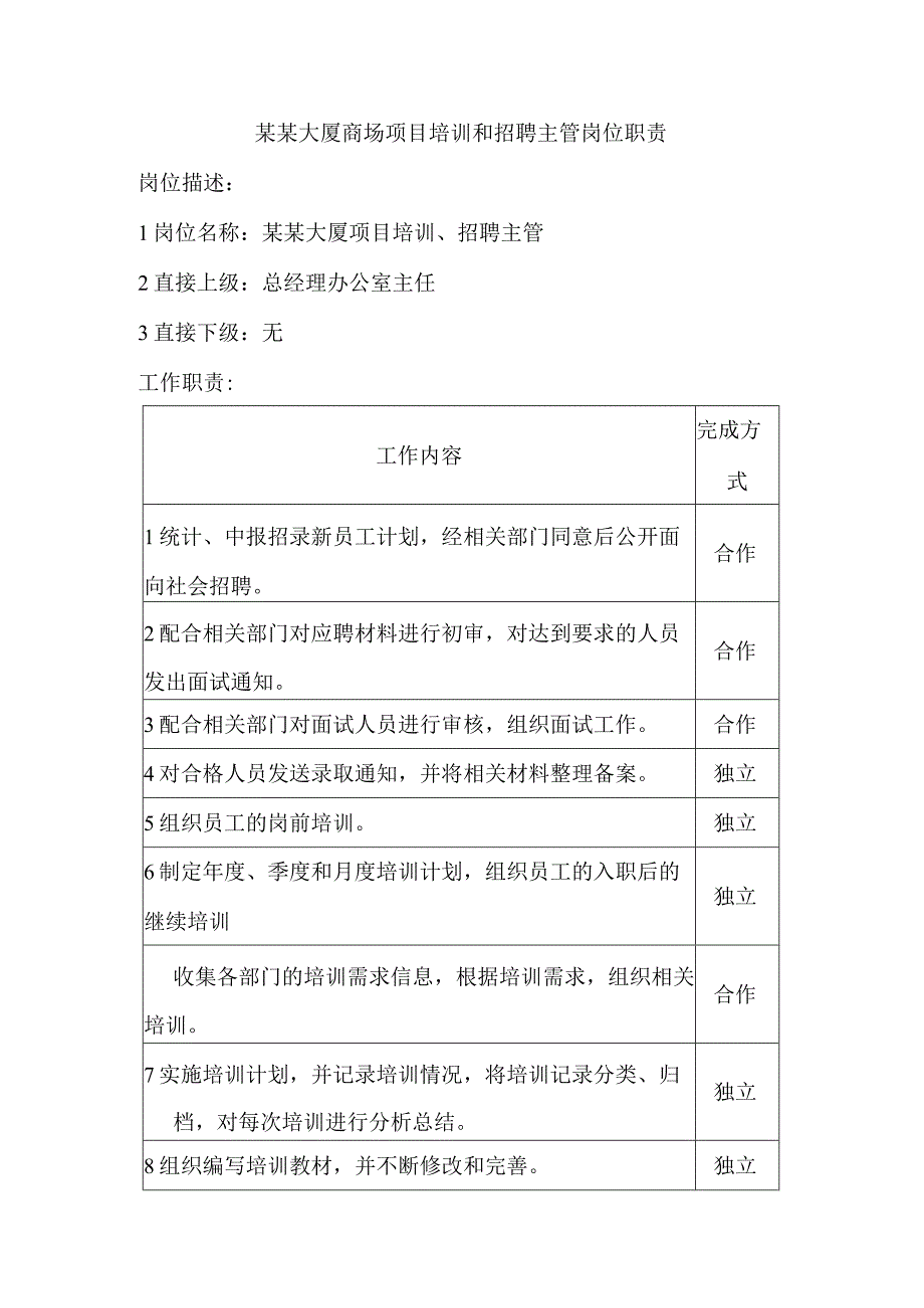 某某大厦商场项目培训和招聘主管岗位职责.docx_第1页