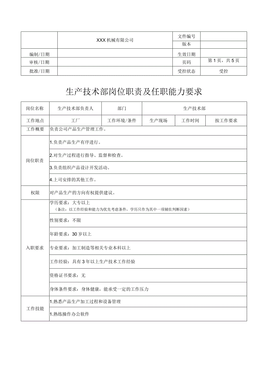 生产技术部岗位职责及任职能力要求.docx_第1页