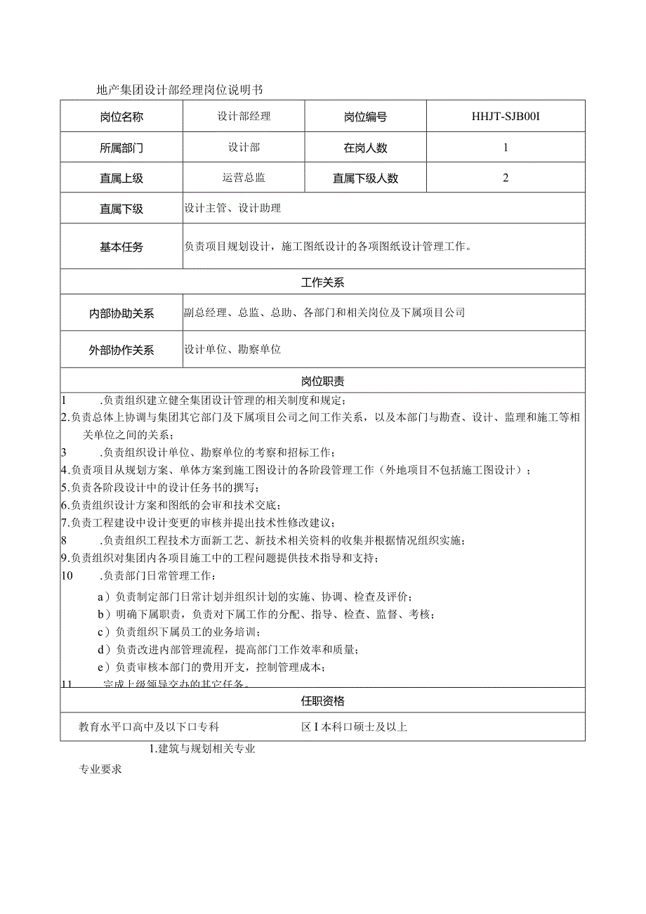 地产集团设计部经理岗位说明书.docx_第1页