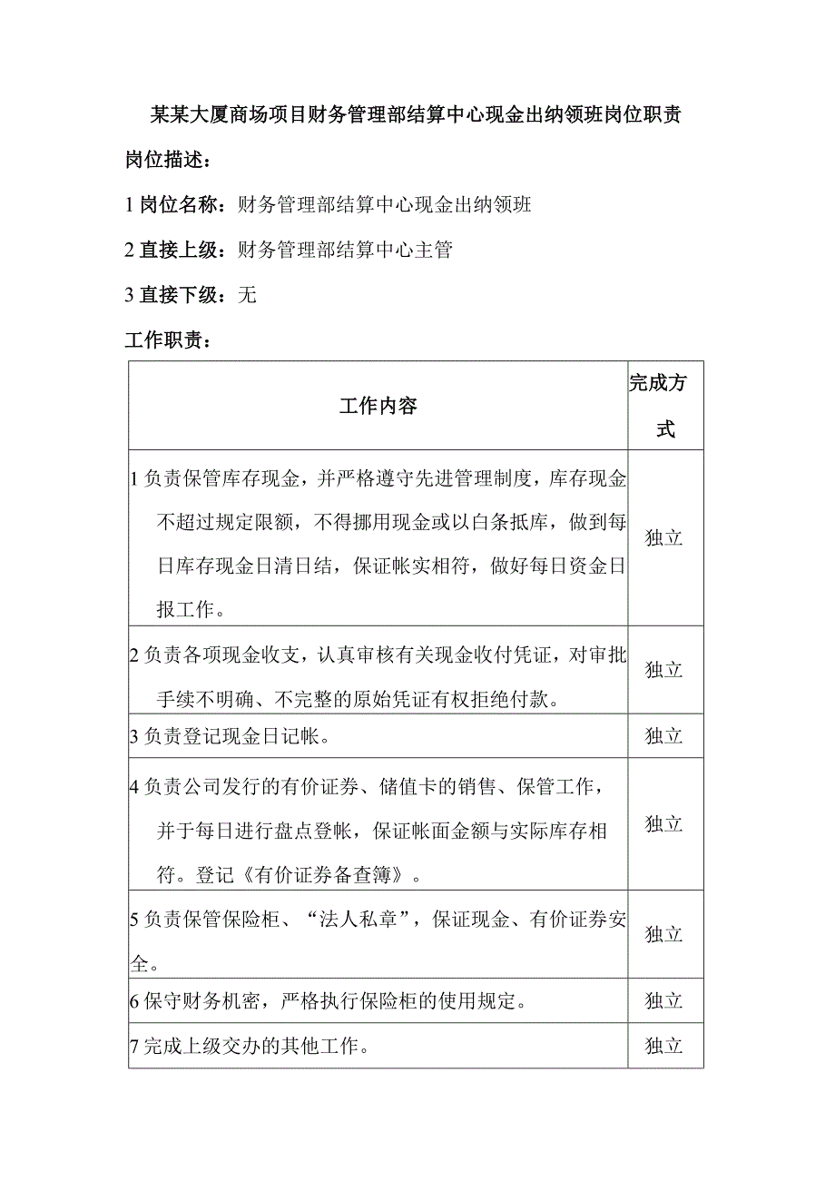 某某大厦商场项目财务管理部结算中心现金出纳领班岗位职责.docx_第1页