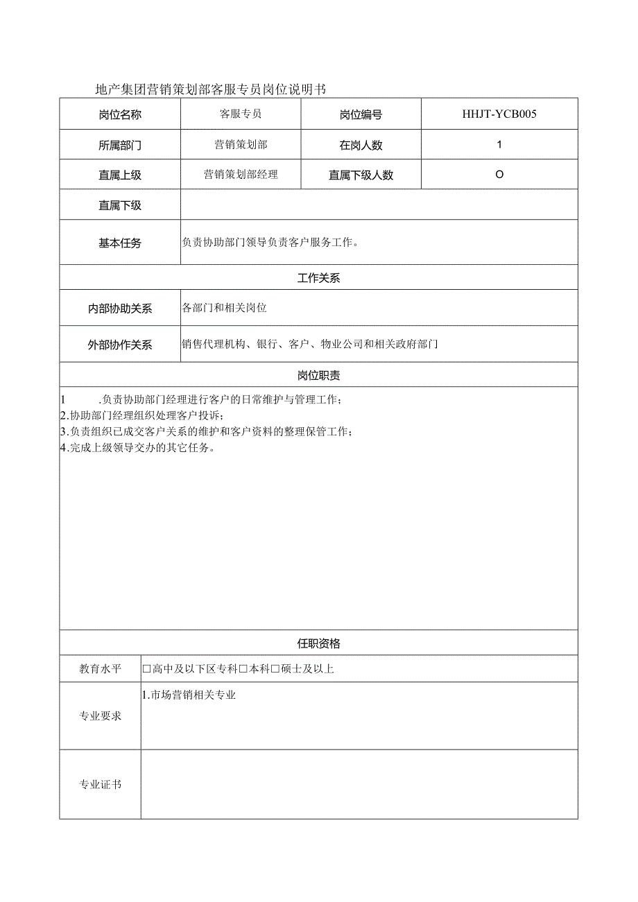 地产集团营销策划部客服专员岗位说明书.docx_第1页