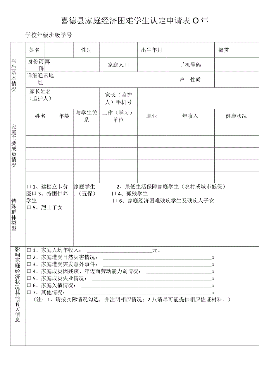 喜德县家庭经济困难学生认定申请表.docx_第1页