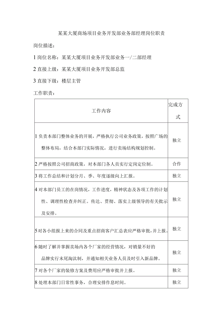 某某大厦商场项目业务开发部业务部经理岗位职责.docx_第1页