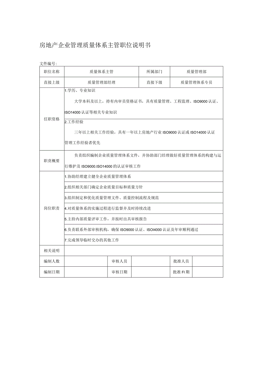 房地产企业管理质量体系主管职位说明书.docx_第1页