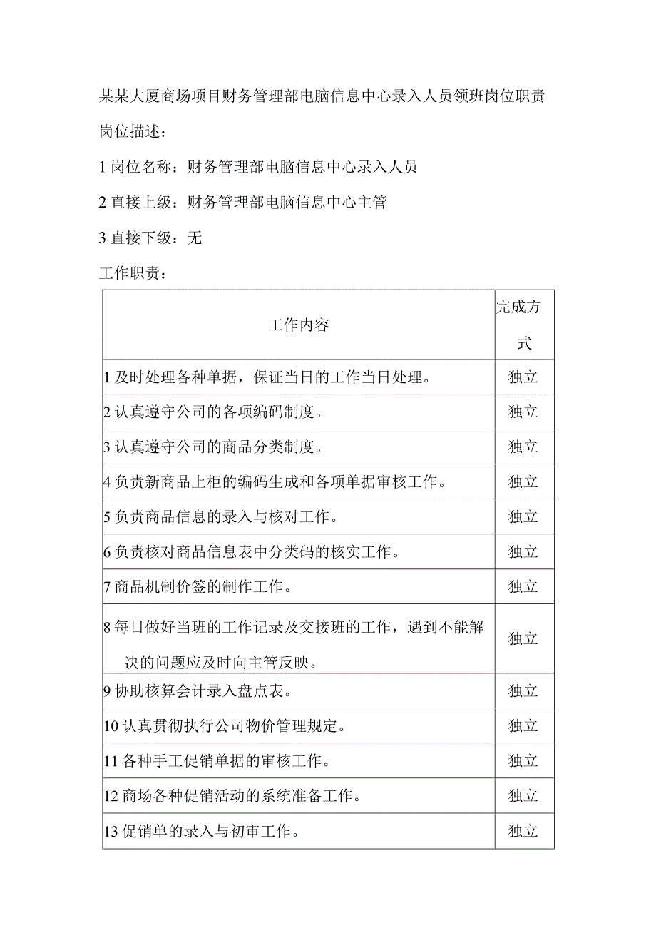 某某大厦商场项目财务管理部电脑信息中心录入人员领班岗位职责.docx_第1页