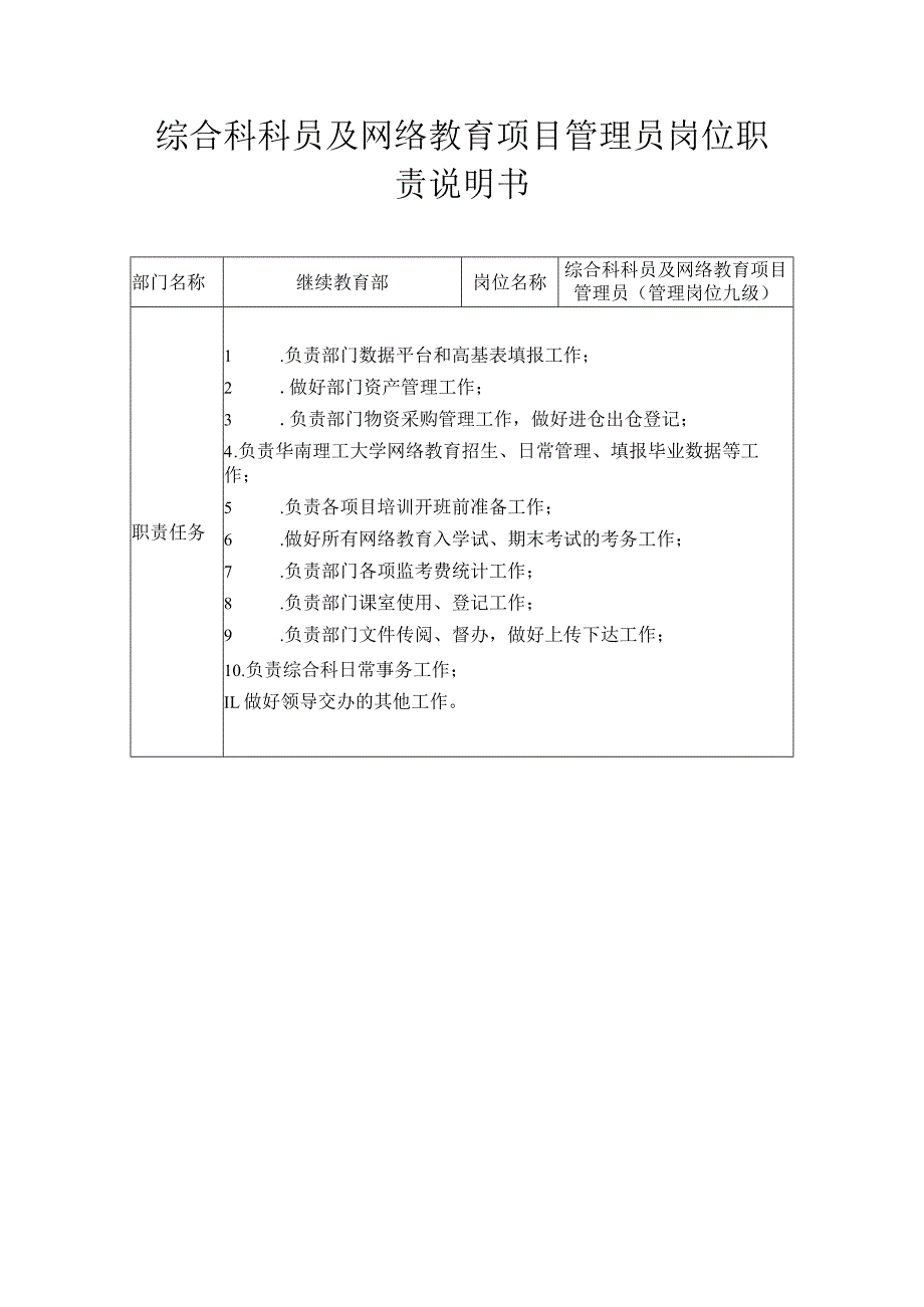 综合科科员及网络教育项目管理员岗位职责说明书.docx_第1页