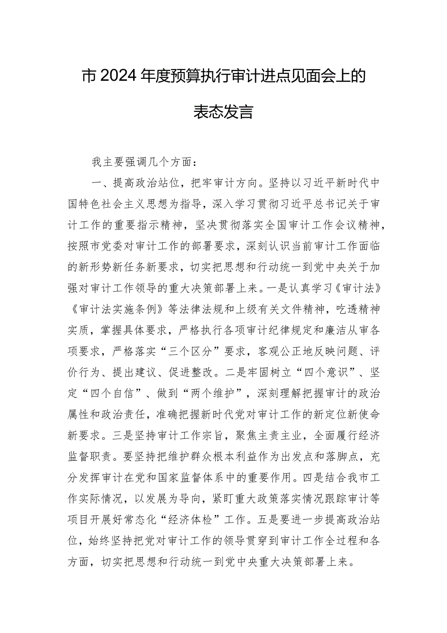 市2024年度预算执行审计进点见面会上的表态发言.docx_第1页