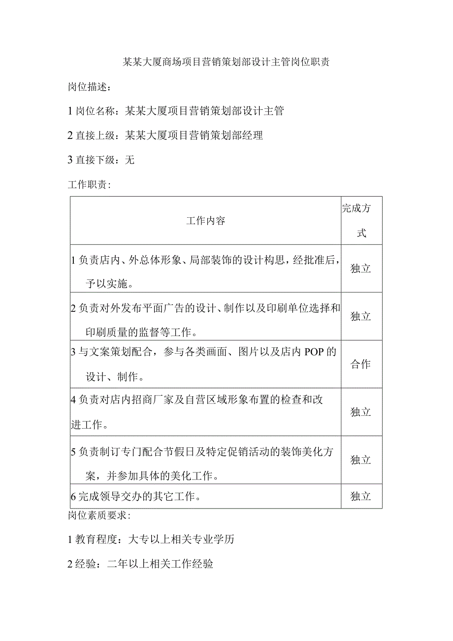 某某大厦商场项目营销策划部设计主管岗位职责.docx_第1页