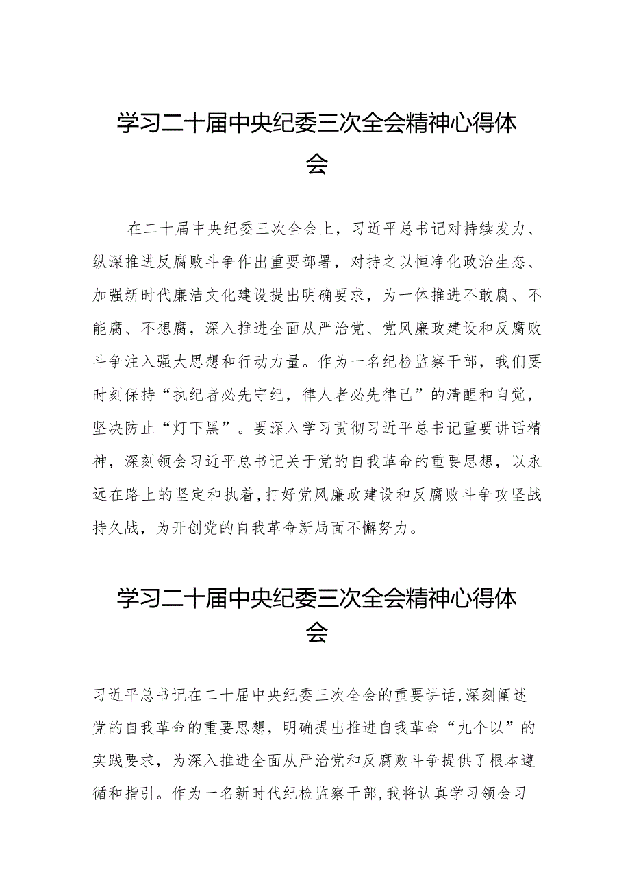 二十届中央纪委三次全会精神心得体会发言稿二十篇.docx_第1页