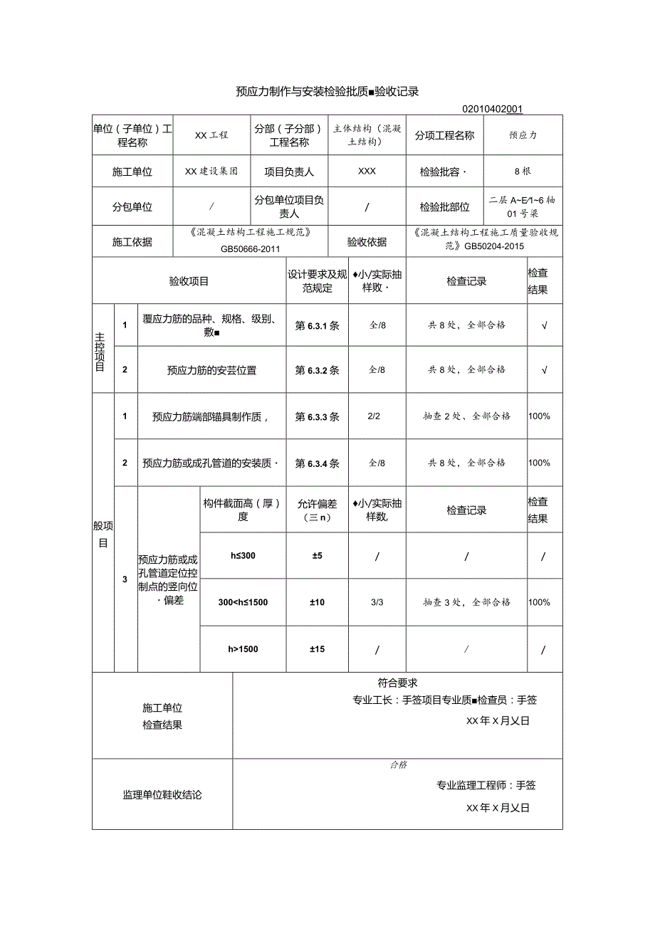 02010402预应力制作与安装检验批质量验收记录（GB50204-2015）_samp.docx_第1页