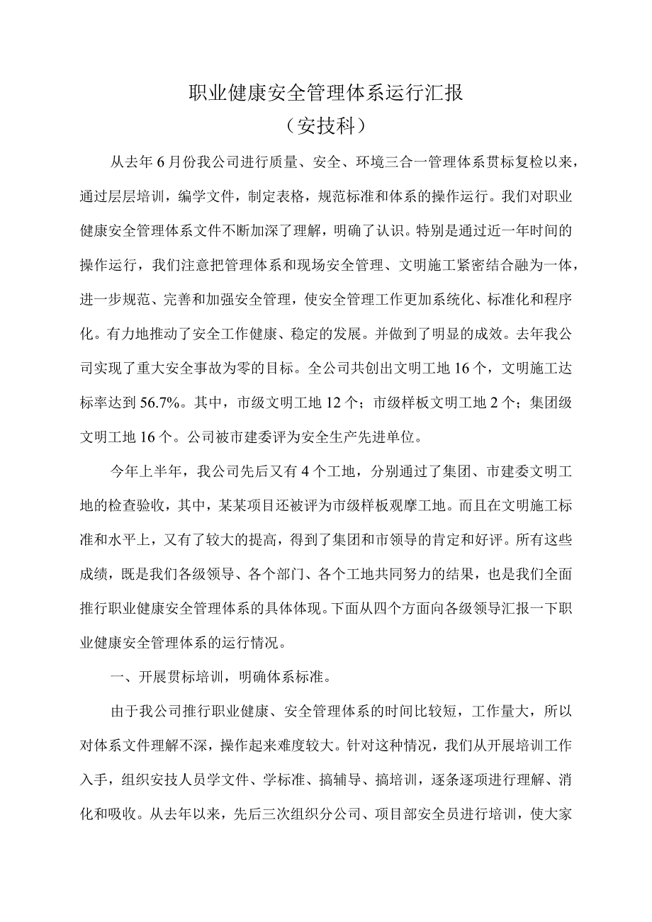 职业健康安全管理体系运行汇报.docx_第1页