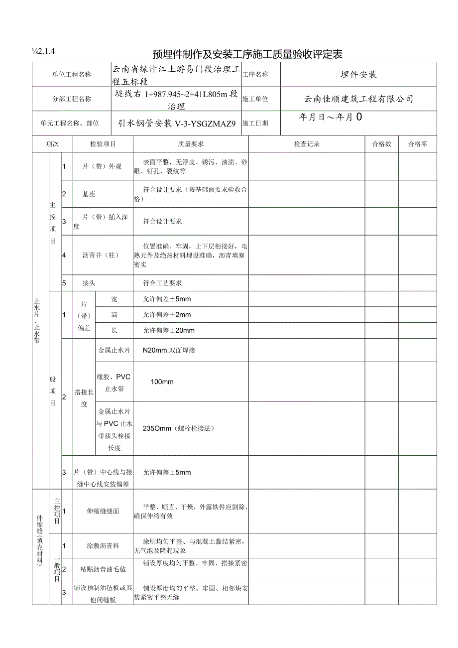 预埋件安装单元工程质量验收评定表.docx_第1页