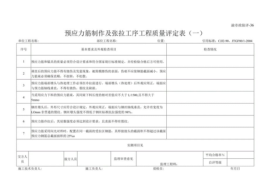 渝市政验评36 预应力筋制作及张拉工序工程质量评定表(一).docx_第1页