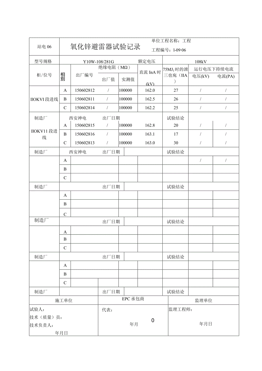 站电06110 氧化锌避雷器试验记录.docx_第1页