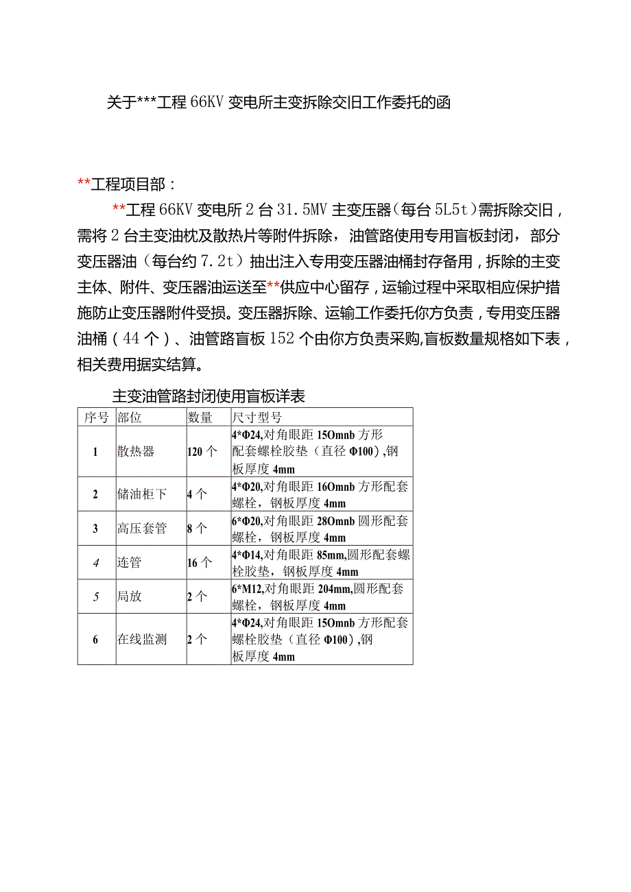 关于工程66KV变电所主变拆除交旧工作委托的函7.24.docx_第1页