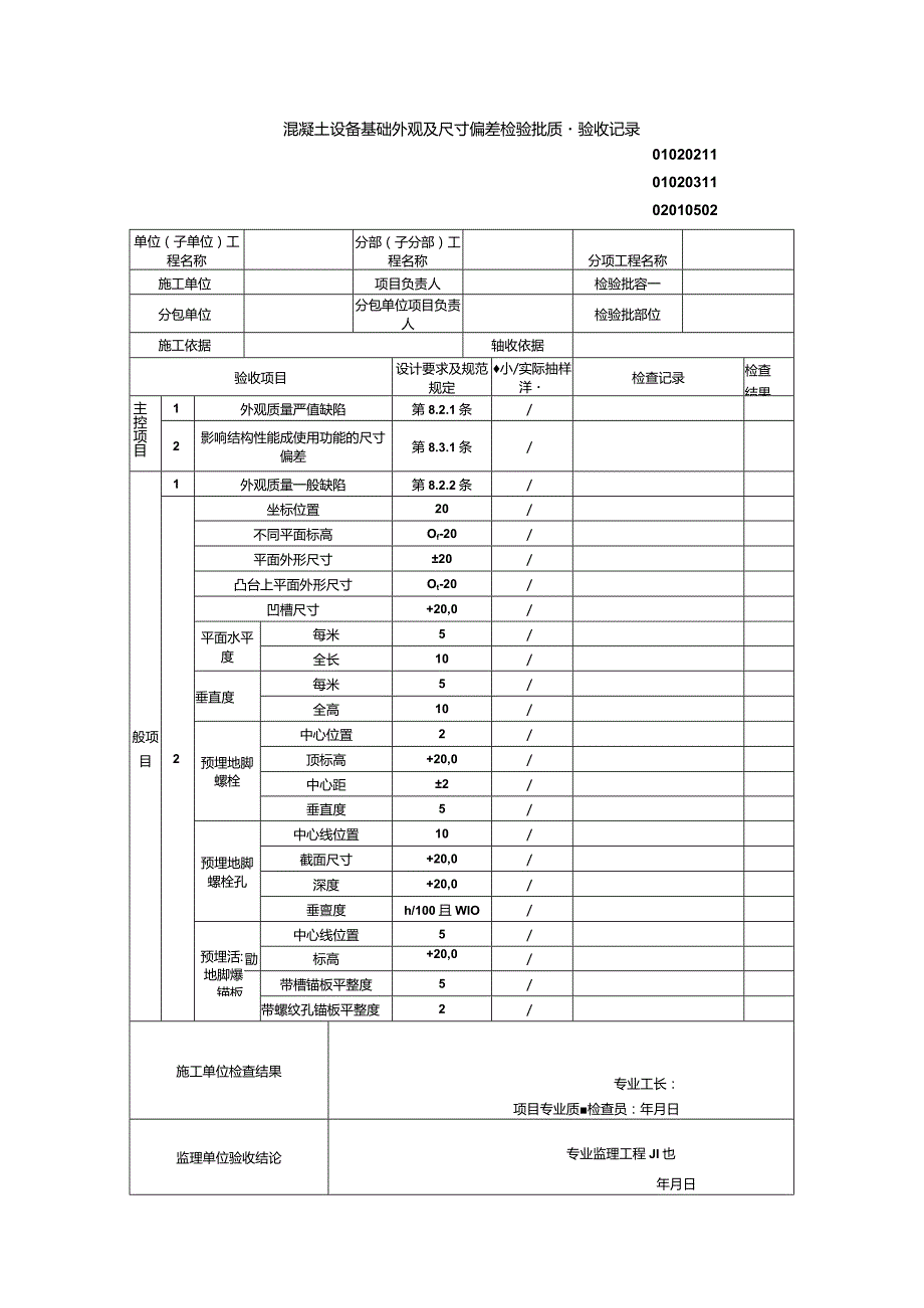 01020211混凝土设备基础外观及尺寸偏差检验批质量验收记录（GB50204-2015）_emp.docx_第1页