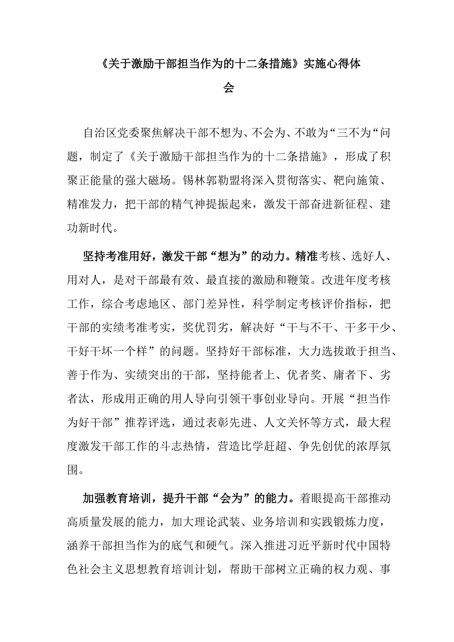 《关于激励干部担当作为的十二条措施》实施心得体会.docx_第1页