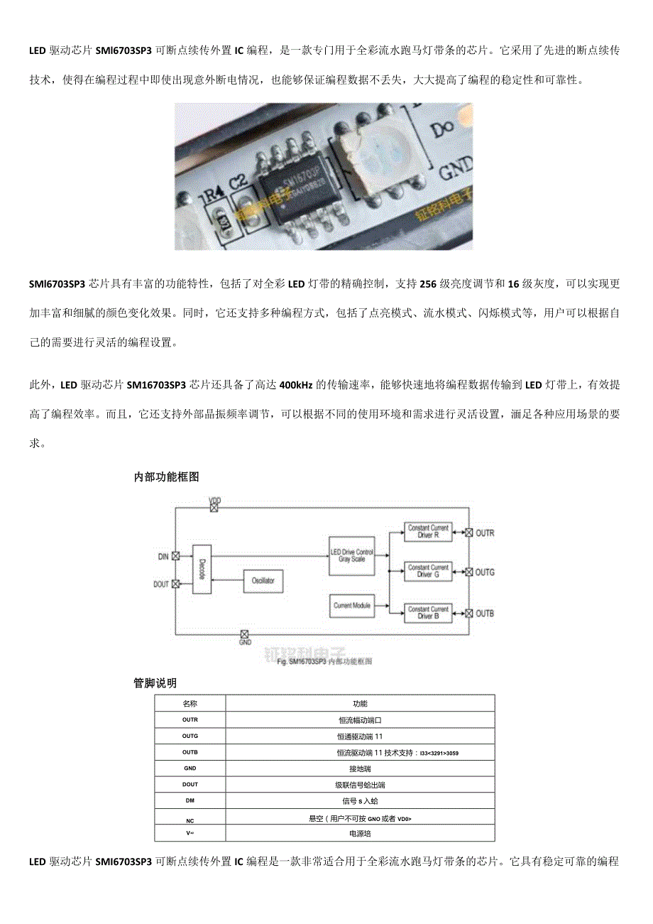 LED驱动芯片SM16703SP3可断点续传外置IC编程用于全彩流水跑马灯带条.docx_第1页