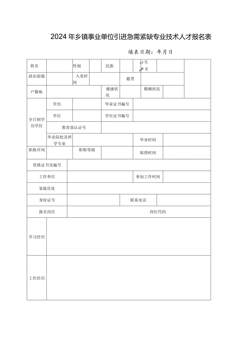 2024年乡镇事业单位引进急需紧缺专业技术人才报名表.docx_第1页