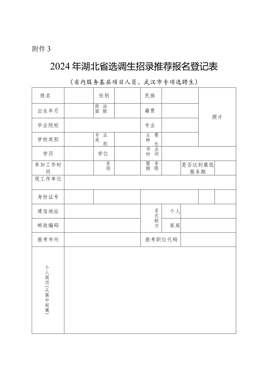 2024年湖北省选调生推荐报名登记表（省内服务基层项目人员、武汉市专项选聘生）.docx_第1页