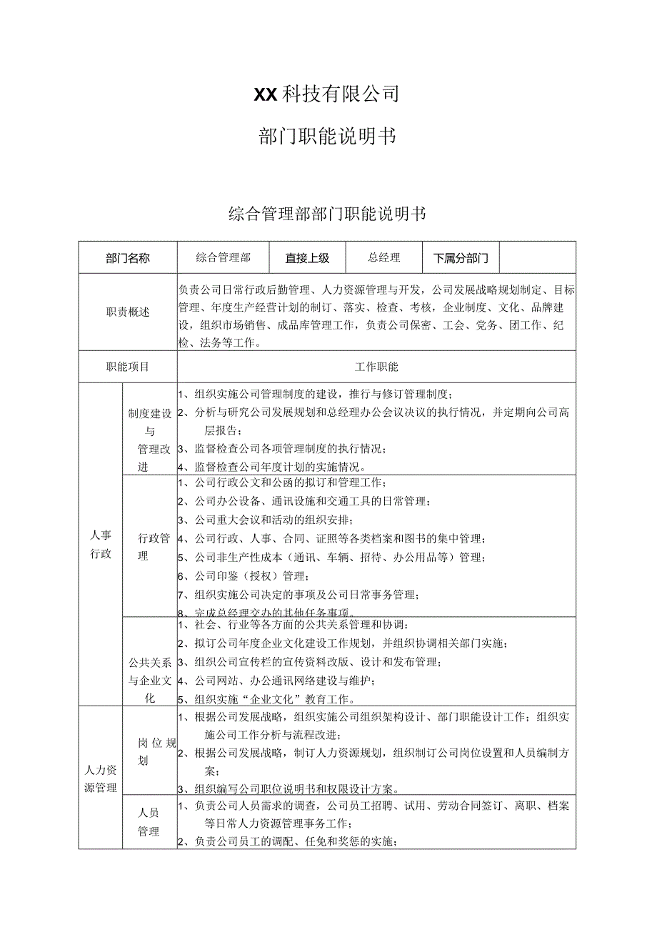 XX公司部门职能说明书.docx_第1页