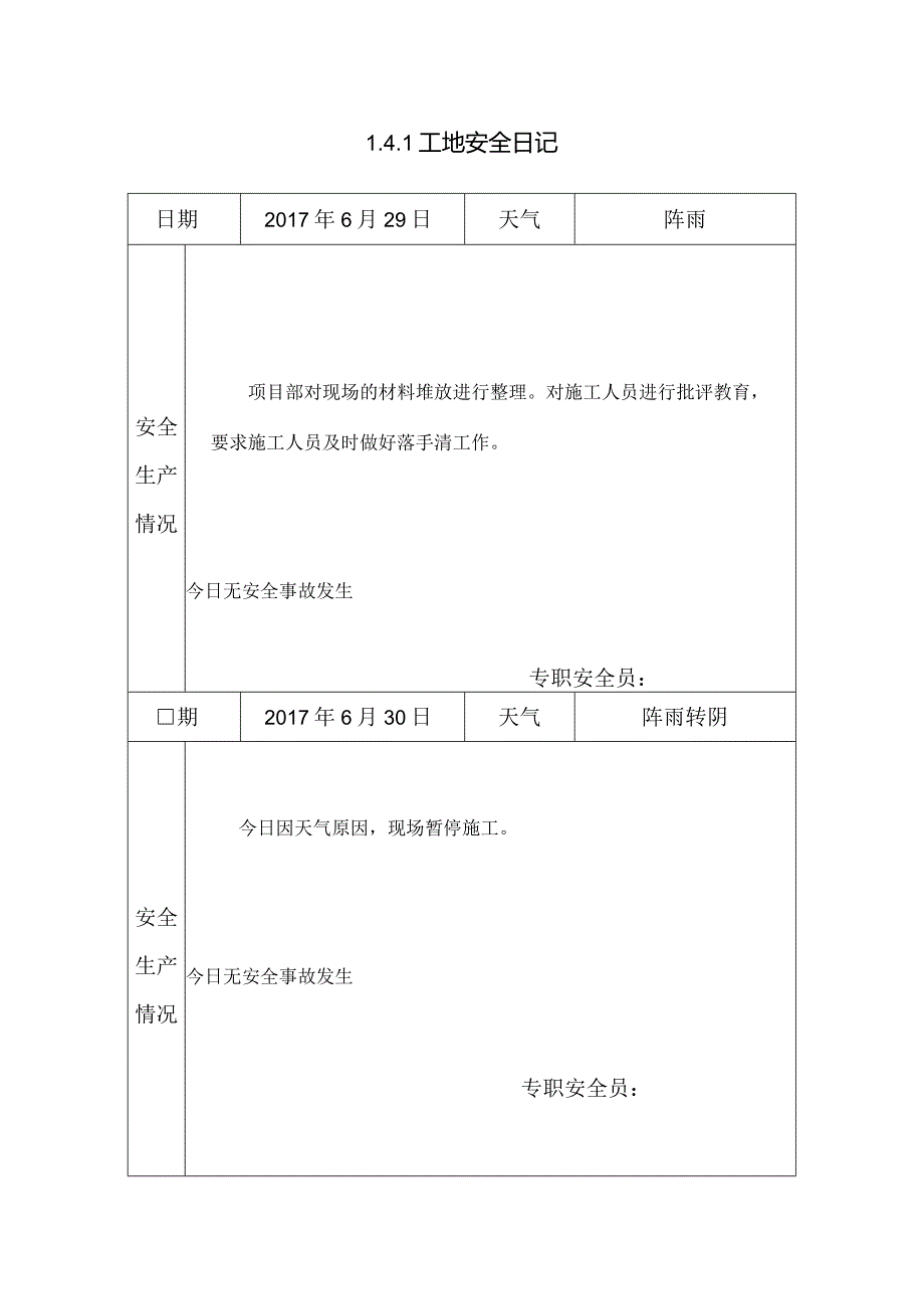 [施工资料]工地安全日记(24).docx_第1页